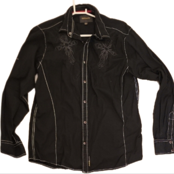 Ring of Fire Other - Ring of Fire Grunge Indie Sleeze Black Shirt w White Stitching Embroided Cross